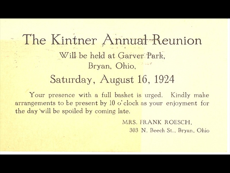1924 Kintner Reunion Announcement; Bryan, Ohio