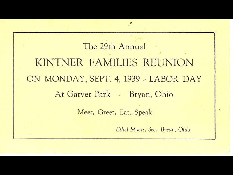 1939 Kintner Reunion Announcement; Bryan, OH